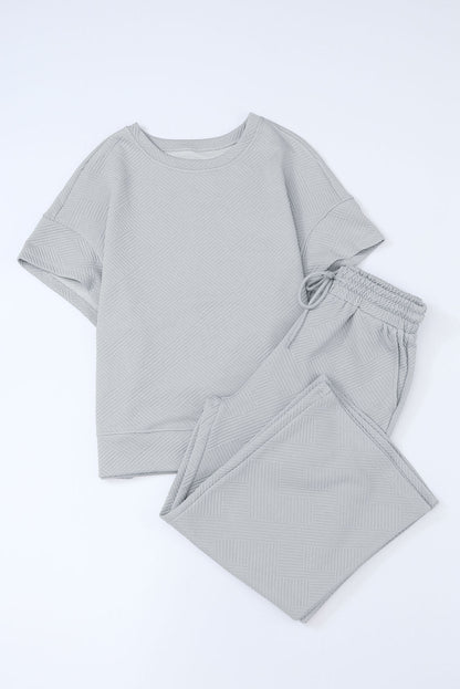 Bright White Textured Loose Fit T Shirt and Drawstring Pants Set
