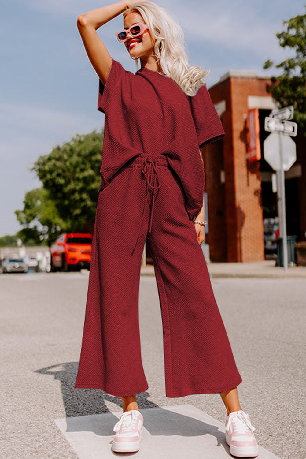 Bright White Textured Loose Fit T Shirt and Drawstring Pants Set
