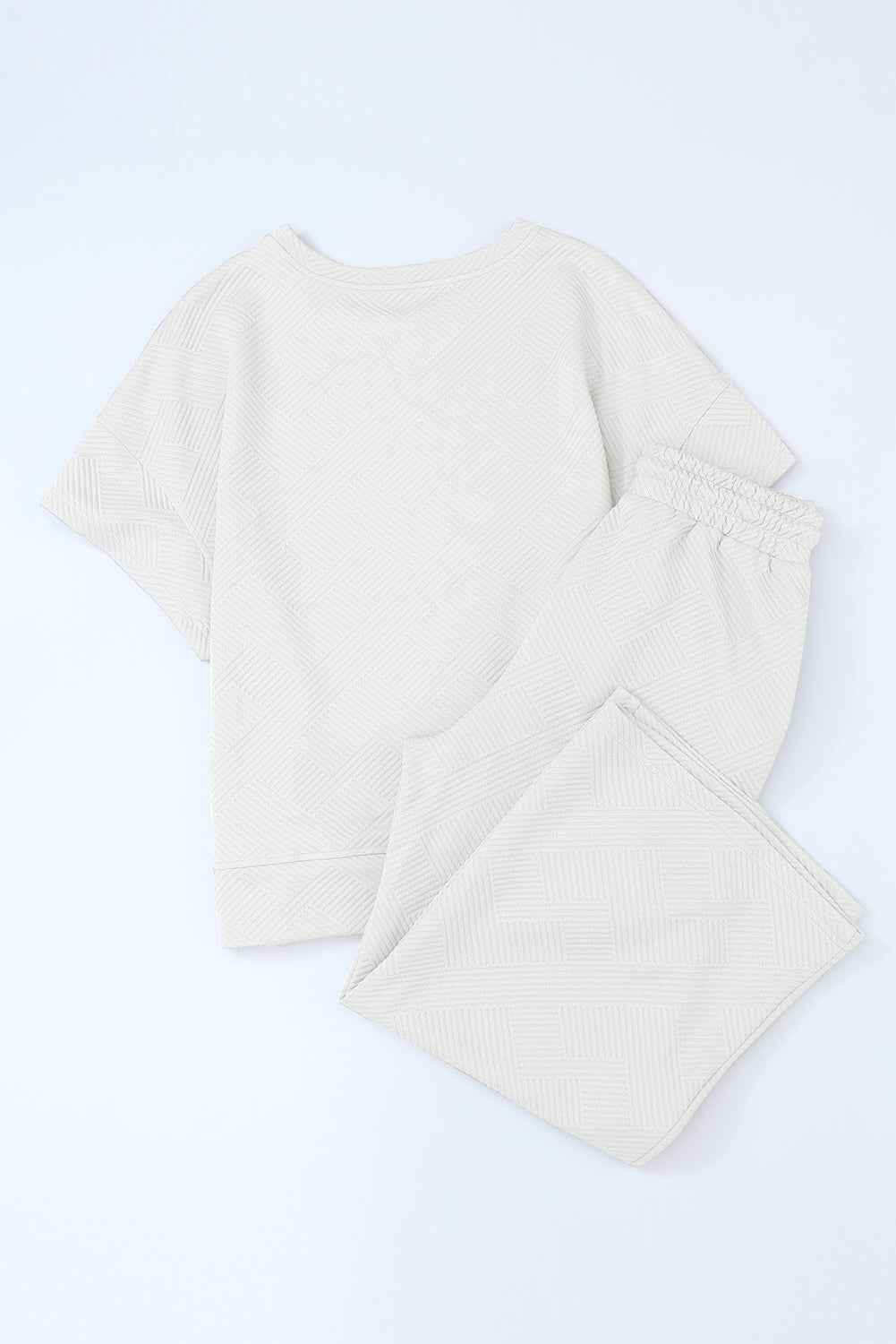 Bright White Textured Loose Fit T Shirt and Drawstring Pants Set