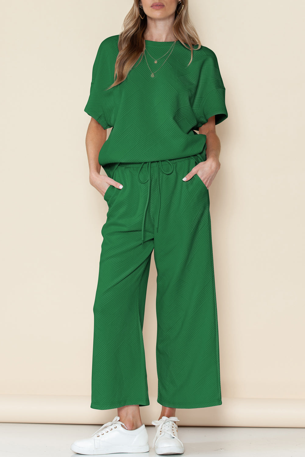 Bright White Textured Loose Fit T Shirt and Drawstring Pants Set