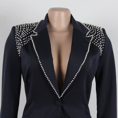 CM.YAYA Fashion Pearl Splicing Women's Set Long Sleeve Blazer and Wide Leg Pants Suit 2024 Winter OL Fall Two 2 Piece Set Outfit