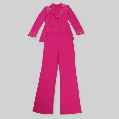 CM.YAYA Fashion Pearl Splicing Women's Set Long Sleeve Blazer and Wide Leg Pants Suit 2024 Winter OL Fall Two 2 Piece Set Outfit