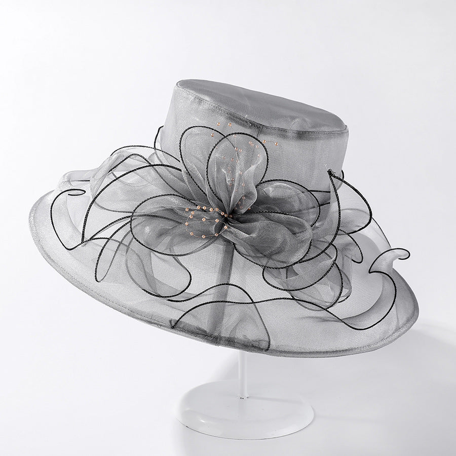 European And American Sun Protection Hat Women's Organza Solid Color Large Flower Sun Hat British Lady Elegant Graceful
