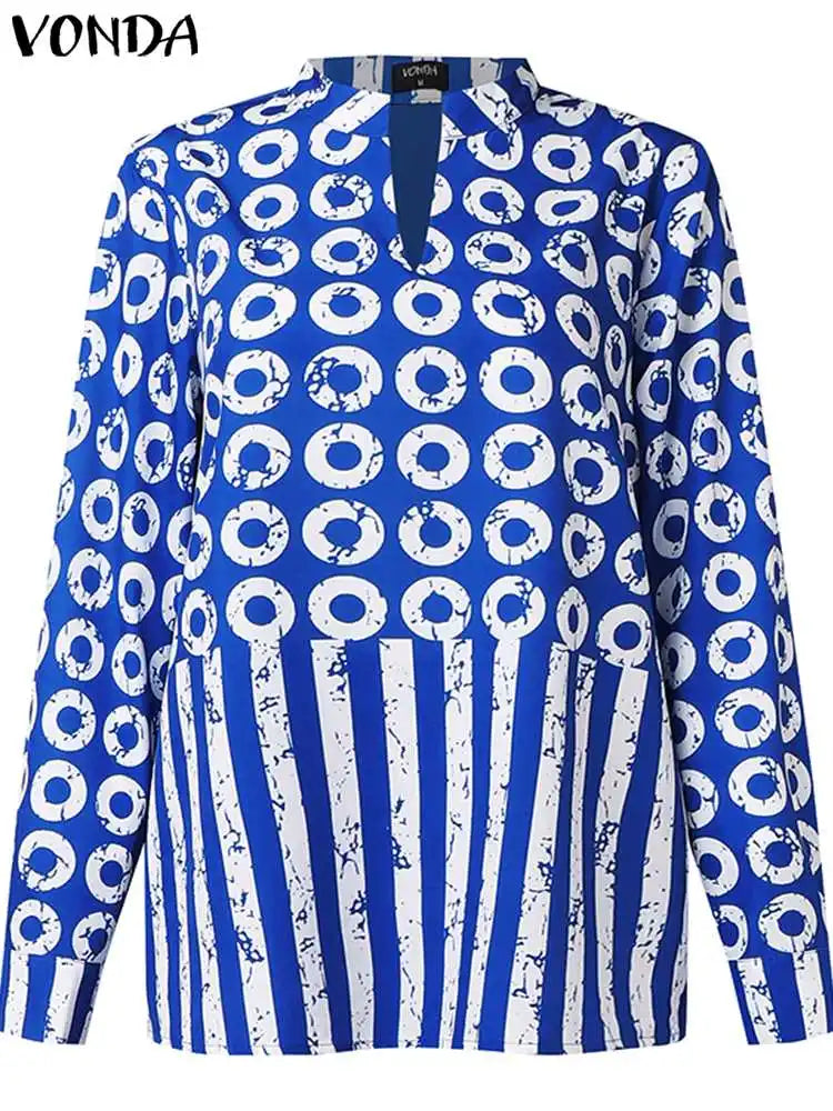 Plus Size 5XL VONDA Women Matching Sets 2024 Fashion Long Sleeve Suits Polka Dot Striped Shirts And Elastic Waist Pant Sets