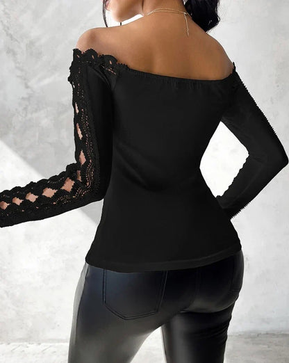 2023 Autumn Winter Spring New Fashion Casual Sexy Blouses Off Shoulder Hollow Out Lace Top Female Clothing TShirts Pullover Tops
