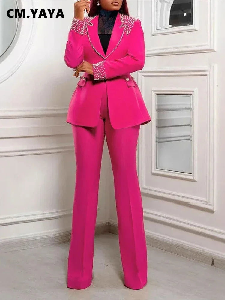 CM.YAYA Fashion Pearl Splicing Women's Set Long Sleeve Blazer and Wide Leg Pants Suit 2024 Winter OL Fall Two 2 Piece Set Outfit