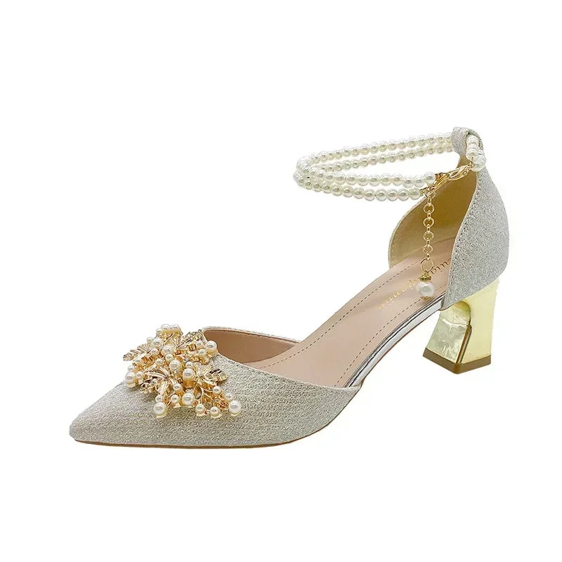 Ladies Shoes on Sale  Fashion Pointed Metal Beaded Solid Women's High Heels Summer Leisure Banquet Women Wedding Pump 2024