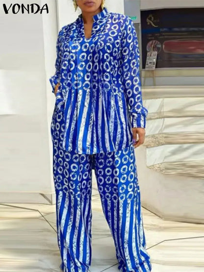 Plus Size 5XL VONDA Women Matching Sets 2024 Fashion Long Sleeve Suits Polka Dot Striped Shirts And Elastic Waist Pant Sets
