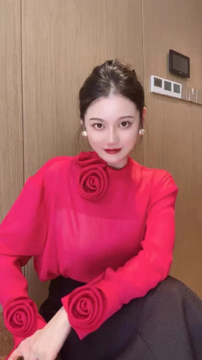 Spring Summer 2024 New Top For Women Two Pieces Design Three-dimensional Flowers Transparent Thin Chiffon Shirt Long Sleeve 4390