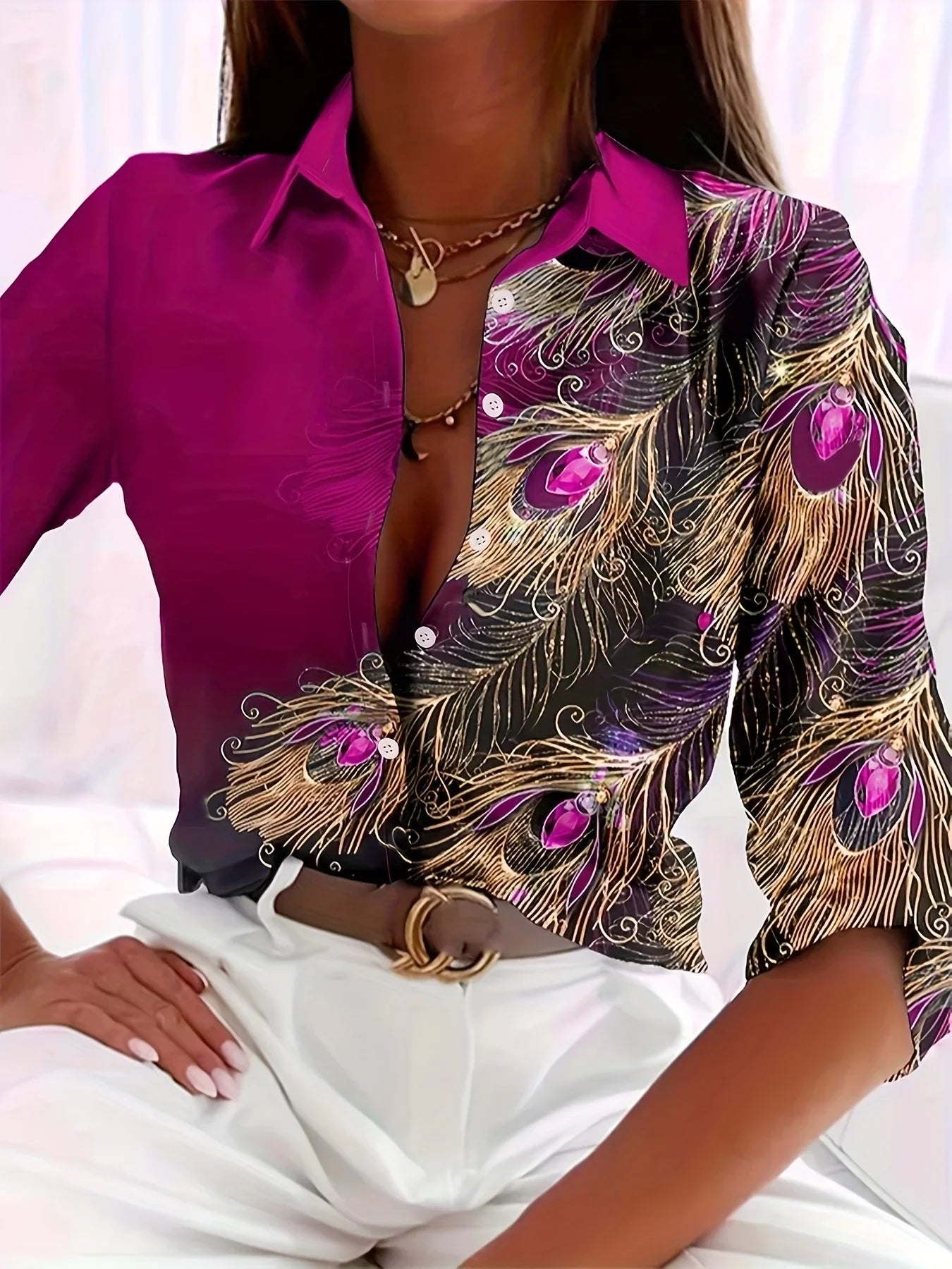 Peacock Print Casual Loose Women's Shirt 2023 Autumn Vintage Women's Oversized Shirts and Blouses Fashion Elegant Women's Tops