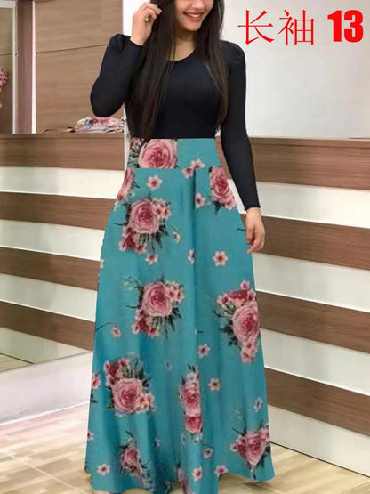 Autumn hot selling European and American flower color matching dresses, long dresses, women's clothing in stock