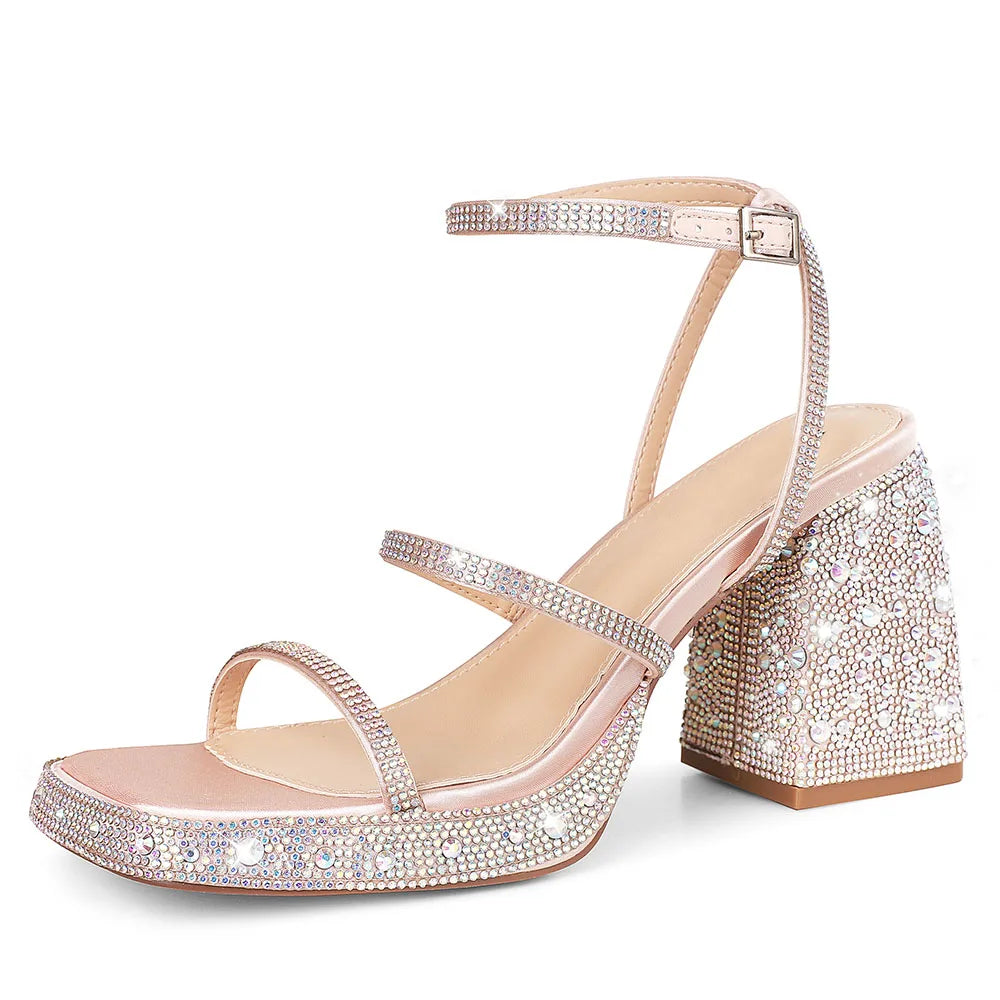 GIGIFOX Shiny Crystals Women Sandals Platform Chunky High Heel Ankle Strap Buckle Strap Shoes Sexy Elegant Dress Party Sandals