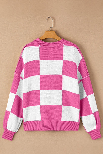 Orange & White Plaid Exposed Seam Bishop Sleeve Sweater