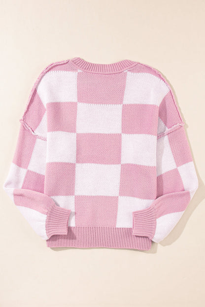 Orange & White Plaid Exposed Seam Bishop Sleeve Sweater