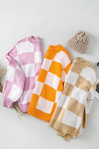 Orange & White Plaid Exposed Seam Bishop Sleeve Sweater