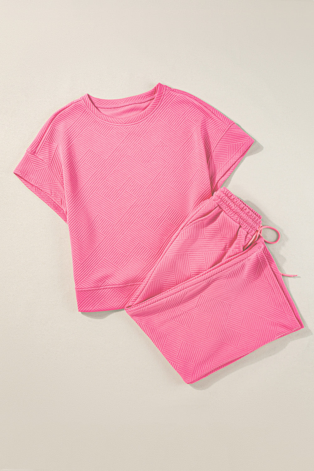 Bright White Textured Loose Fit T Shirt and Drawstring Pants Set