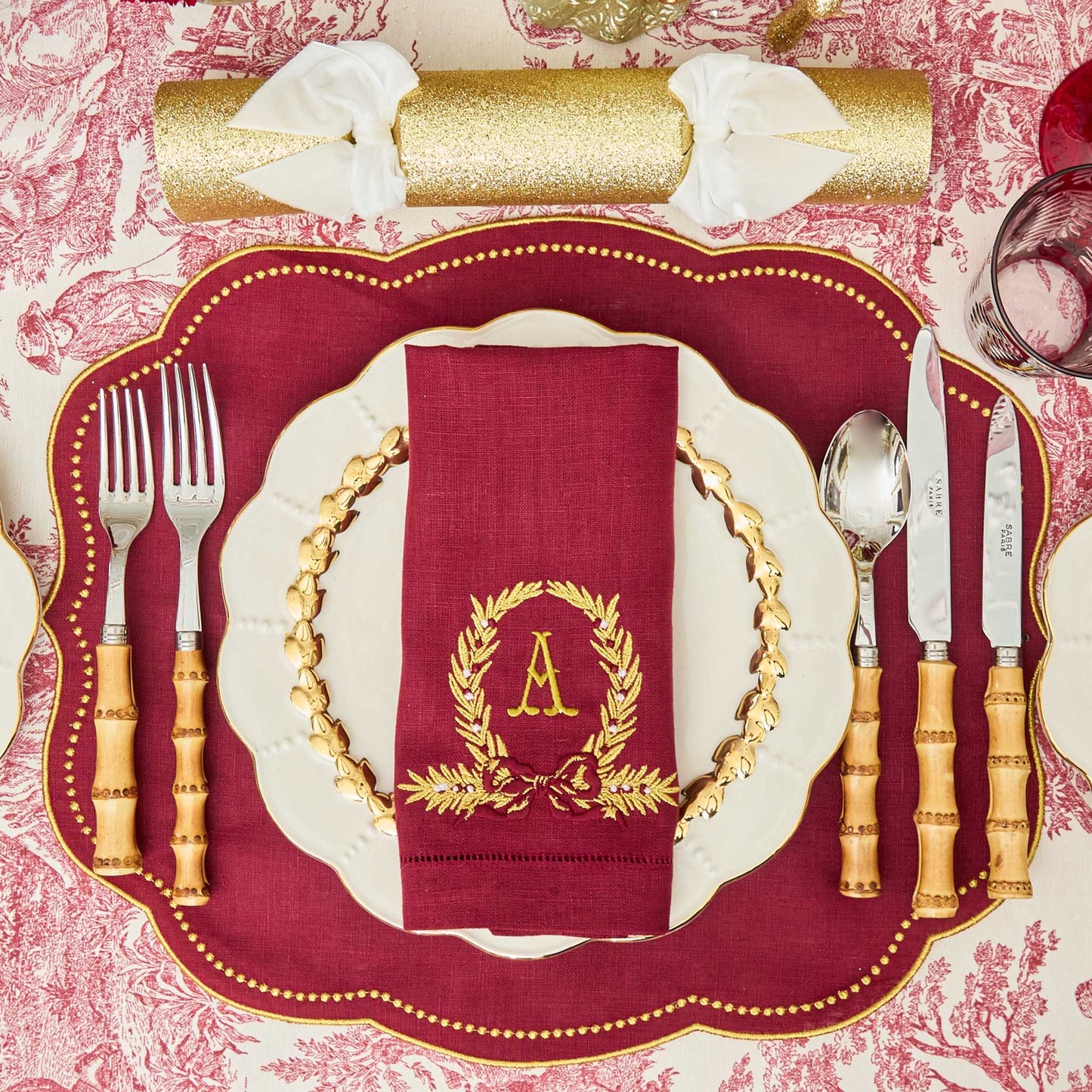 Burgundy Linen Placemats & Gold Bow Garland Napkins (Set of 4)